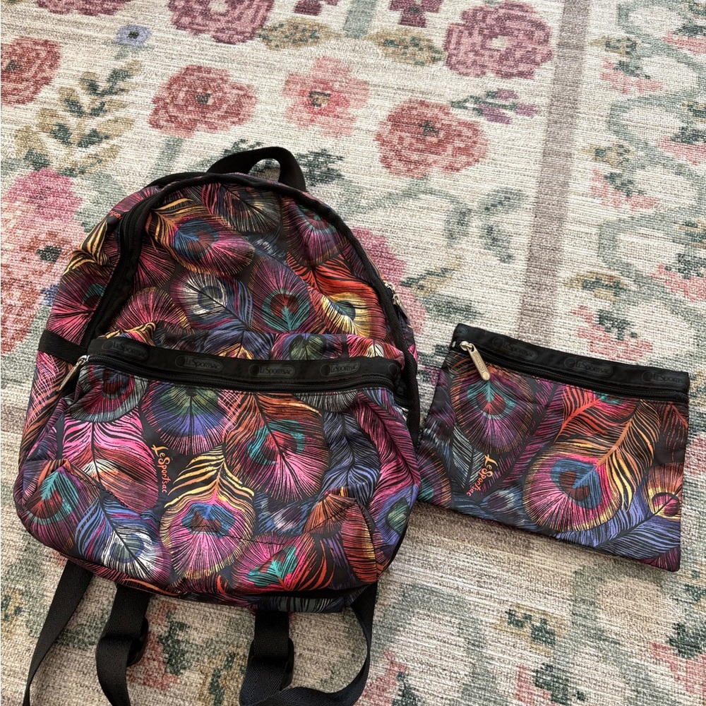 LeSportsac Feather Print Backpack and Pouch Set